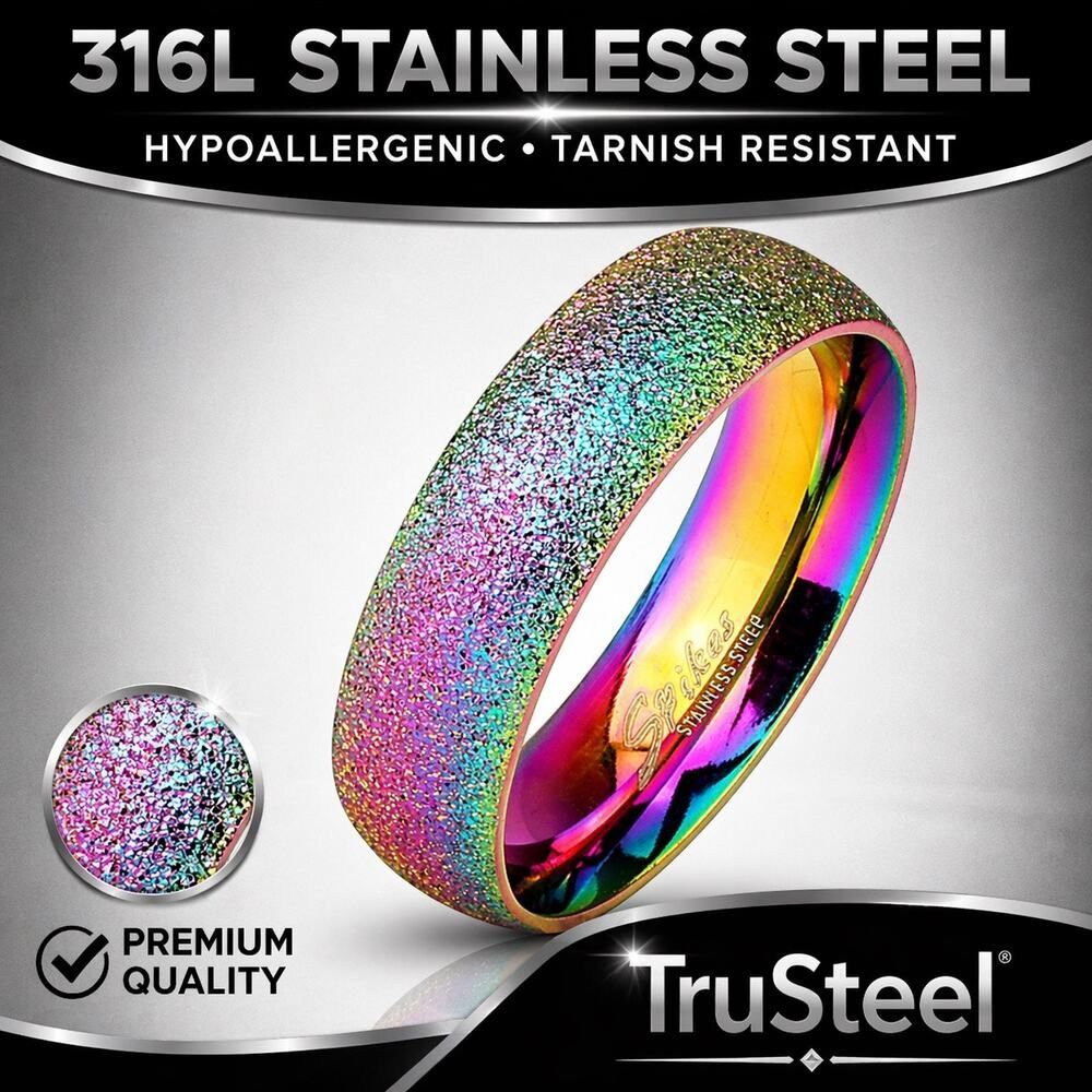 Men’s Sand Blast Finish Rainbow Dome Ring 316L Stainless Steel 6mm size 12